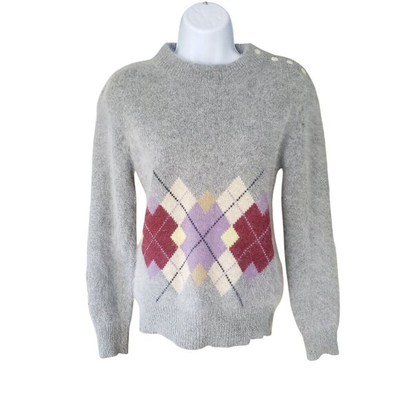 Vintage 1980 Filene's SM Lambswool Angora Argyle Sweater Shoulder Buttons Preppy - Picture 12 of 13